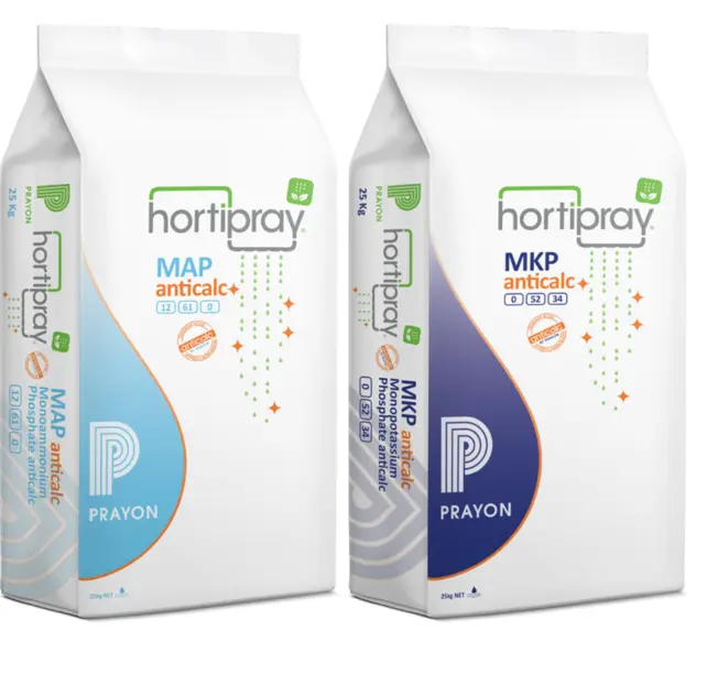 Hortipray MAP anticalc+ (12-61-0) and MKP anticalc+ (0-52-34) fertilizer from Prayon in 25 kg bags