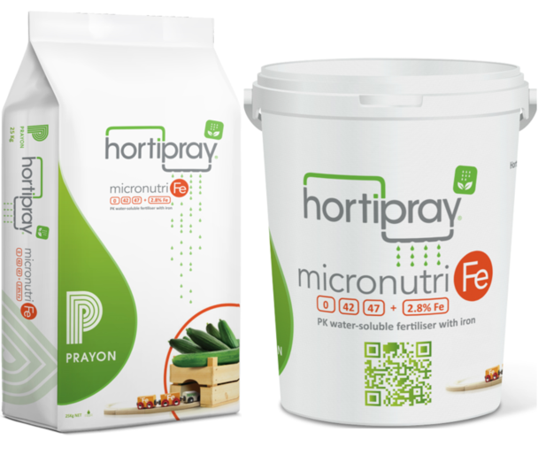 Hortipray micronutri Fe fertilizer from Prayon in 25kg bag and bucket: iron-enriched PK 0-42-47 fertilizer