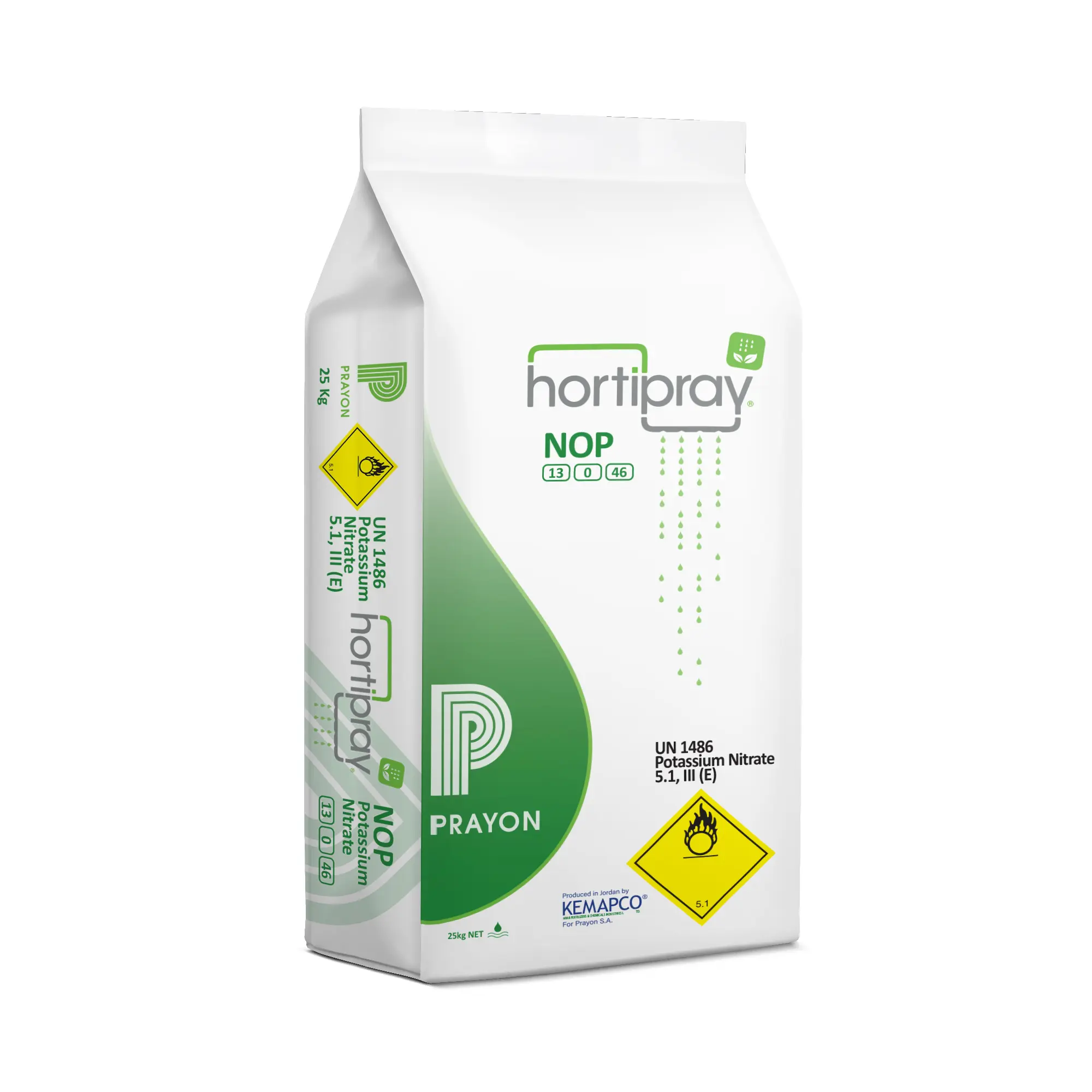 A 25 kg bag of fertilizer Hortipray NOP (Potassium Nitrate), a product of the brand Prayon used for plant nutrition