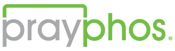 Prayphos, written in tiny gray and green letters with a green graphic line surmounting the beginning of the name